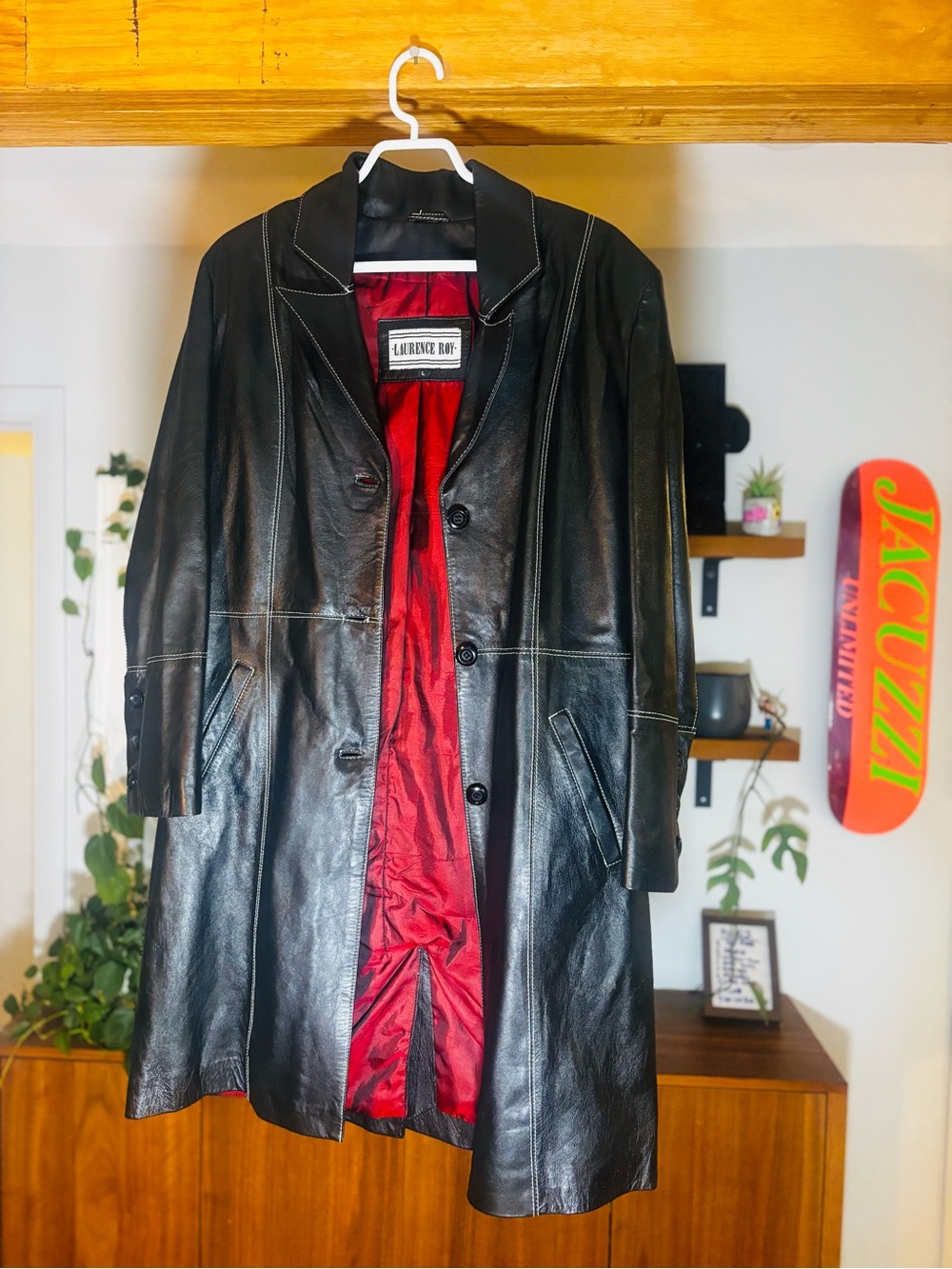 VTG Laurence Roy Black Leather Trench Coat Jacket White Stitching- Matrix style